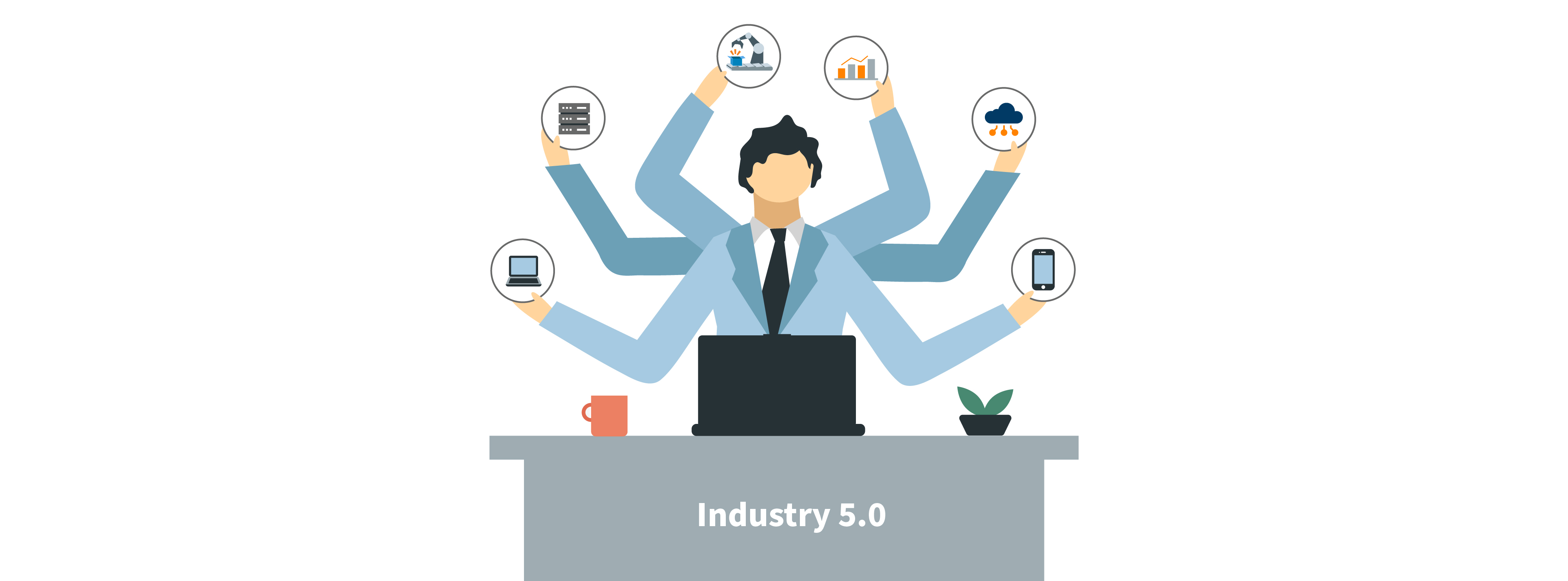 Person at desk juggling with many requirements for industry 5.0